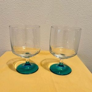 2 Vintage 5” wine glasses with aqua blue stems.